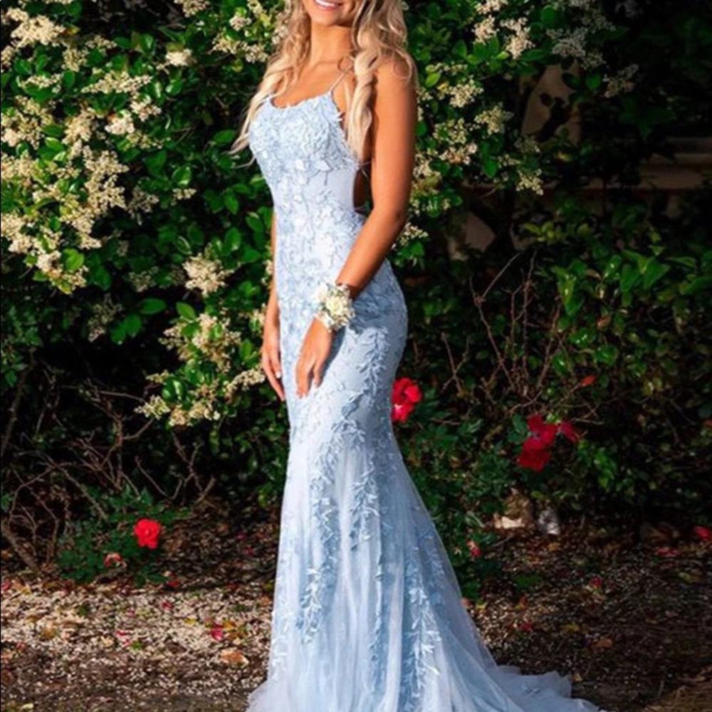 Mermaid blue long prom dress backless